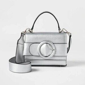 Silver Faux Leather Crossbody Bag With Detachable Strap & Top Handle